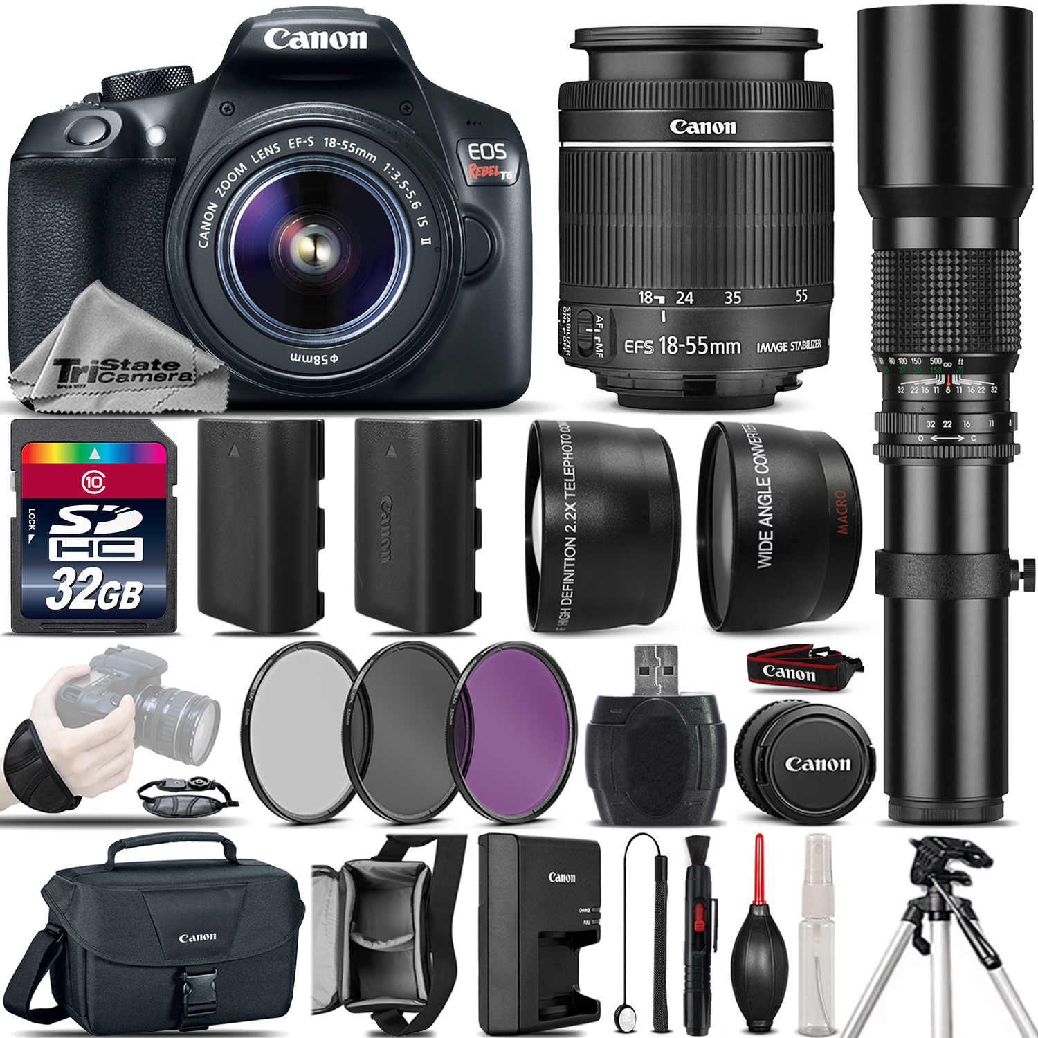 EOS Rebel T6 SLR Camera 1300D + 18-55mm IS + 500mm 4 Lens Kit - 32GB Kit *FREE SHIPPING*