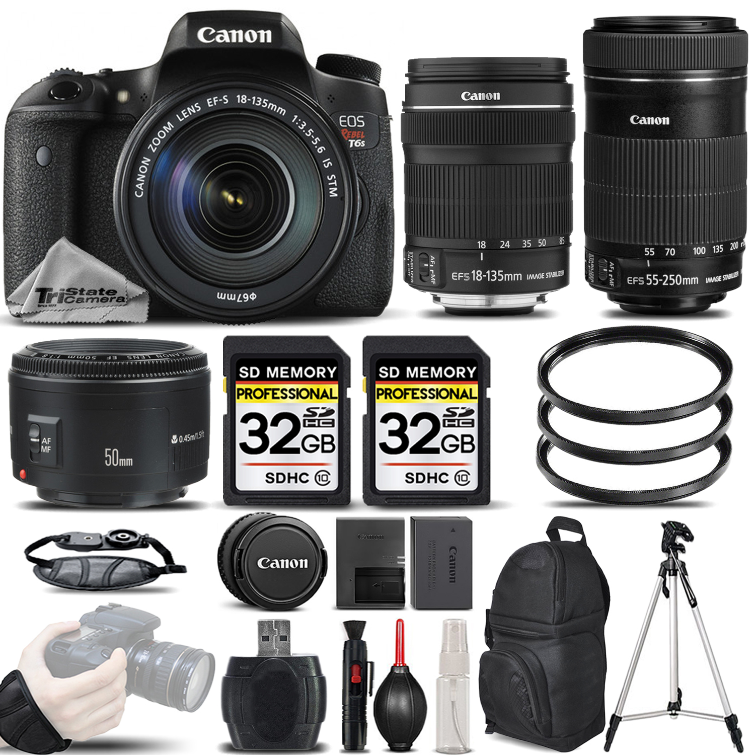 EOS Rebel T6s Camera + 18-135mm IS STM + 55-250 IS STM +50mm 1.8 II - Pro Kit *FREE SHIPPING*