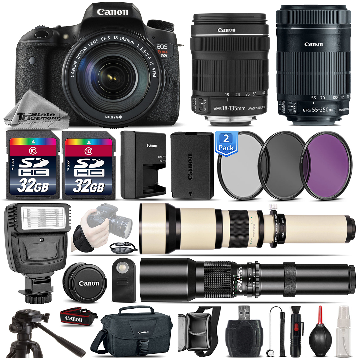 EOS Rebel DSLR T6s Camera + 18-135mm IS STM + 55-250mm STM Lens - 64GB Kit *FREE SHIPPING*