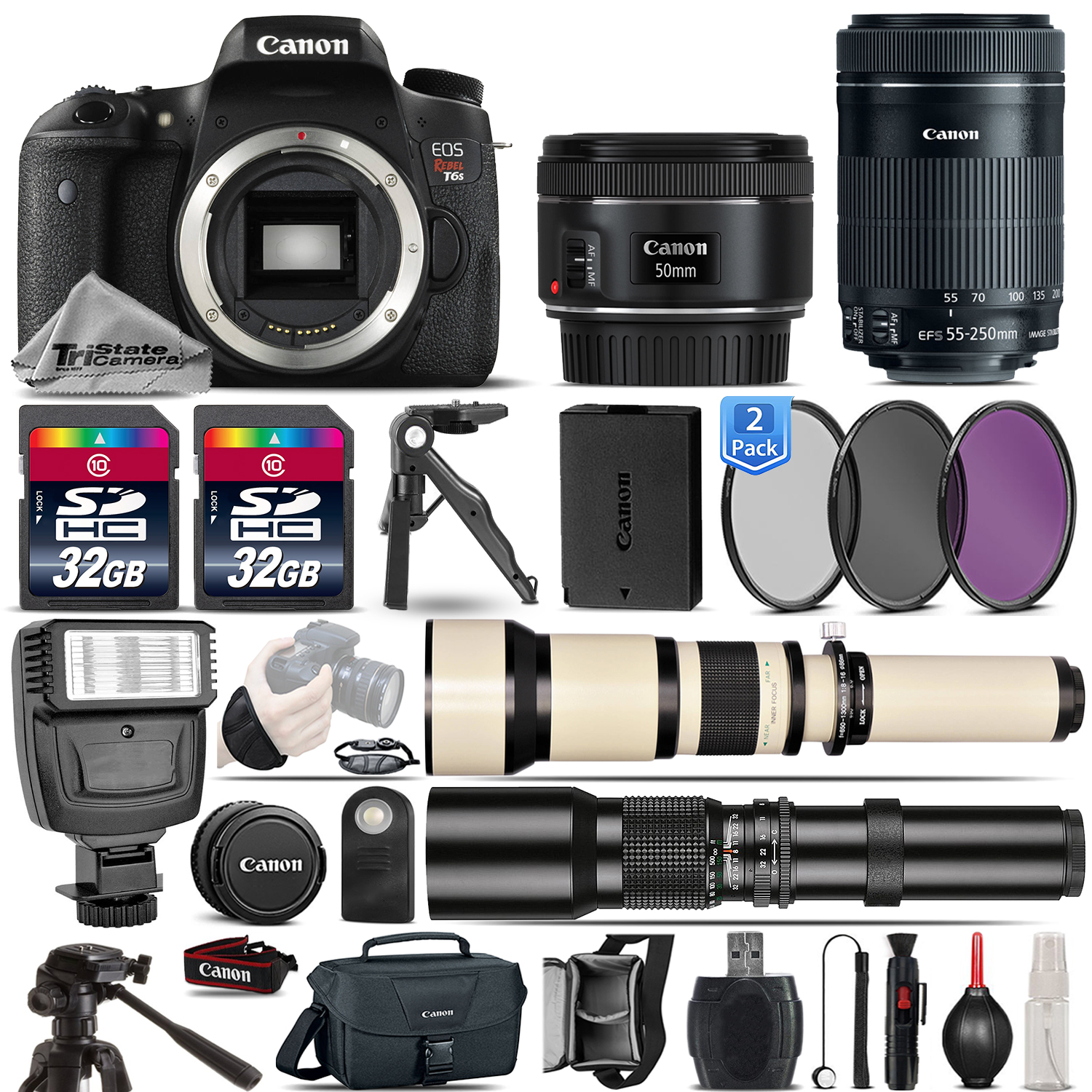 EOS Rebel T6s SLR Camera 760D + 50mm 1.8 + 55-250mm  STM Lens - 64GB Kit *FREE SHIPPING*