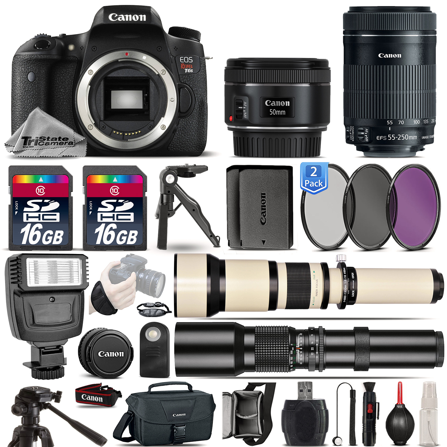EOS Rebel T6s Camera 760D + 50mm 1.8 + 55-250mm STM + EXT BATT - 32GB Kit *FREE SHIPPING*