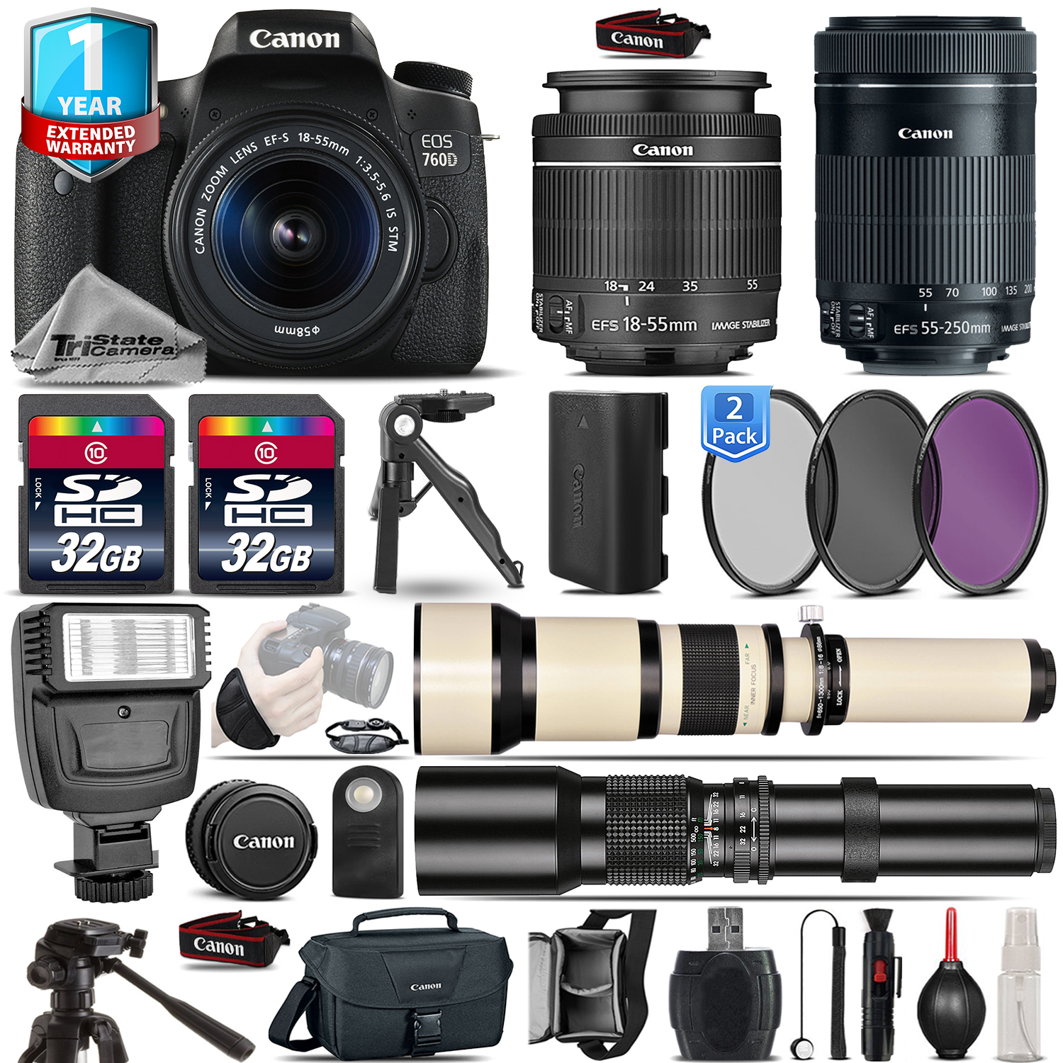 EOS Rebel 760D Camera + 18-55mm IS + 55-200mm IS + 1yr Warranty - 64GB Kit *FREE SHIPPING*