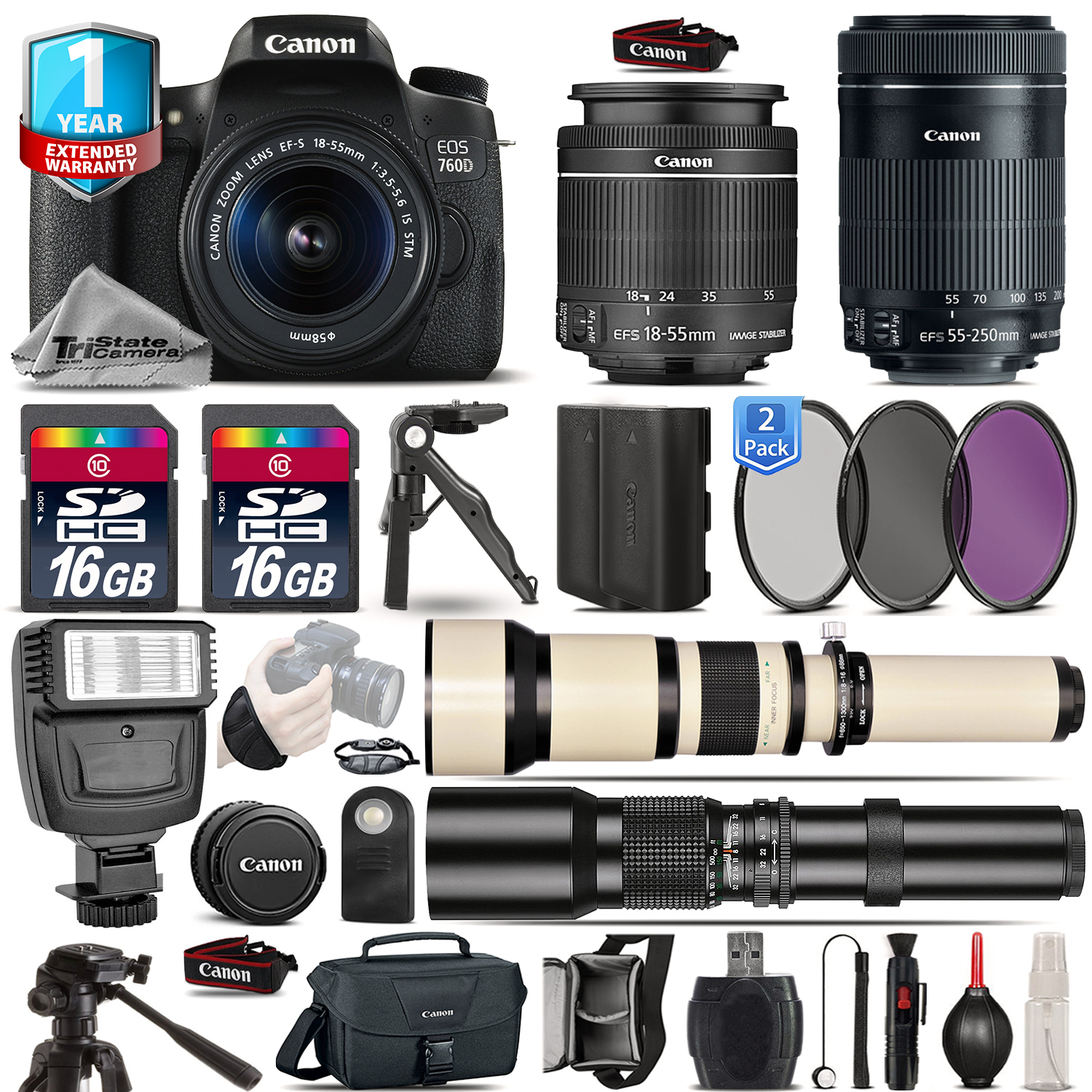 EOS Rebel 760D Camera + 18-55mm IS + 55-200mm + EXT BATT + 1yr Warranty *FREE SHIPPING*