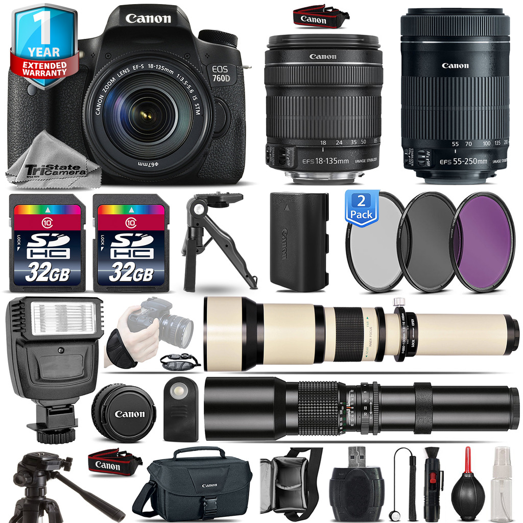 EOS Rebel 760D Camera + 18-135mm IS + 55-200mm + 1yr Warranty - 64GB Kit *FREE SHIPPING*