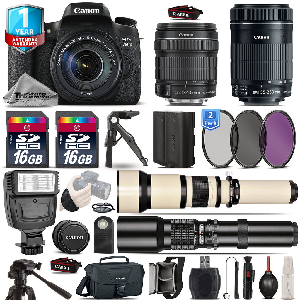 EOS Rebel 760D Camera + 18-135mm IS + 55-200mm + EXT BATT + 1yr Warranty *FREE SHIPPING*