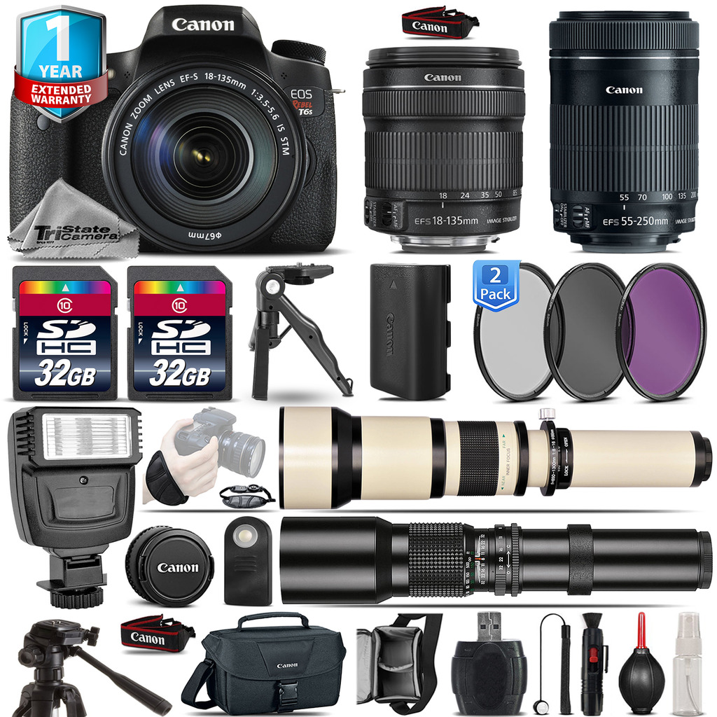 EOS Rebel T6s Camera + 18-135mm IS + 55-200mm + 1yr Warranty - 64GB Kit *FREE SHIPPING*