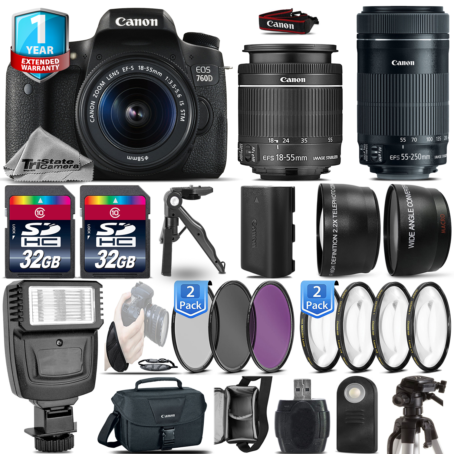 EOS Rebel 760D Camera + 18-55mm IS + 55-200mm IS + Flash + 1yr Warranty *FREE SHIPPING*