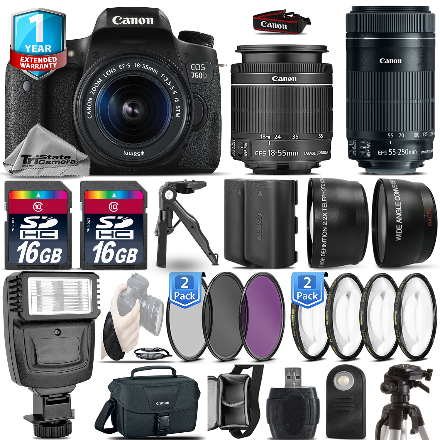 EOS Rebel 760D Camera + 18-55mm IS + 55-200mm IS + EXT BAT +1yr Warranty *FREE SHIPPING*