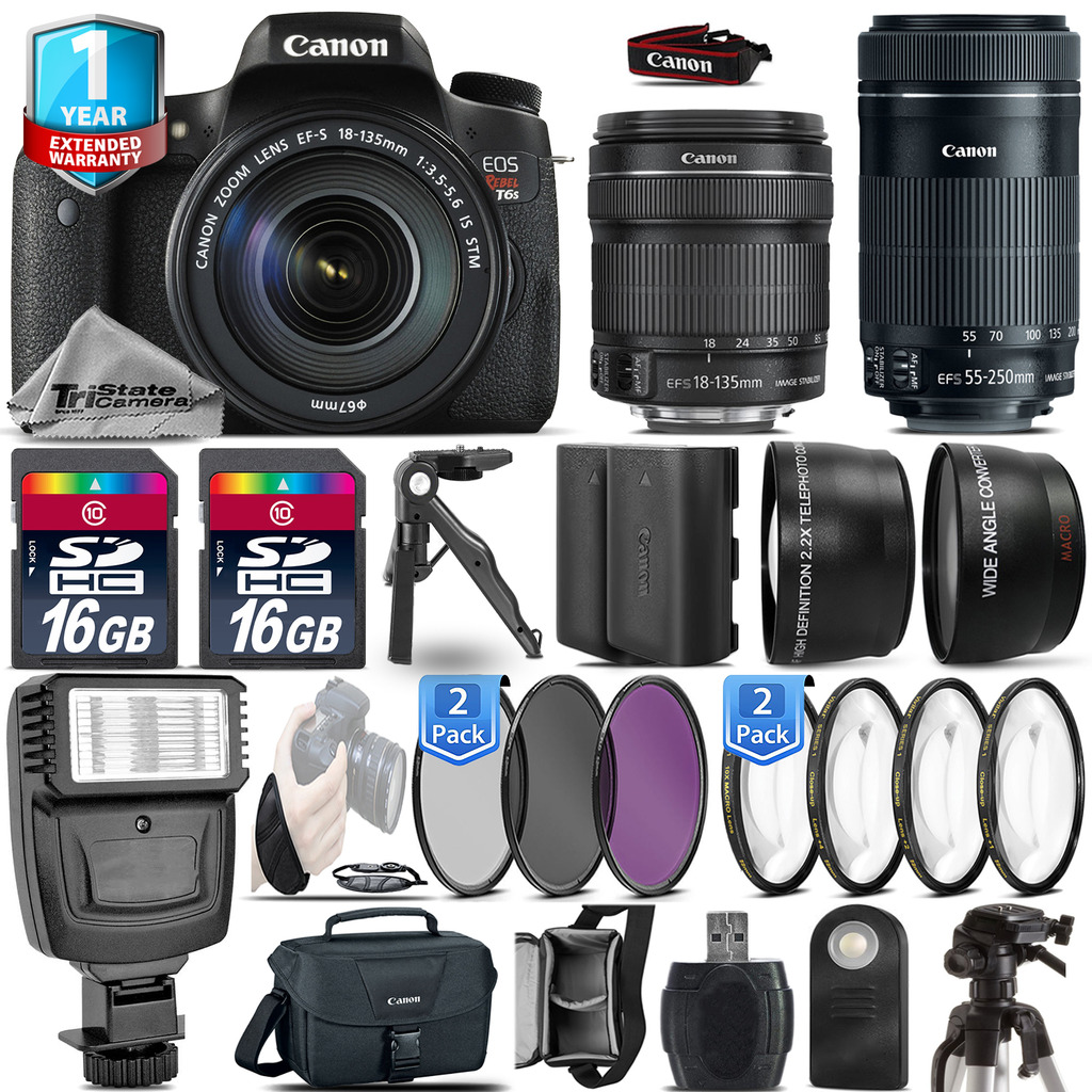 EOS Rebel T6s Camera + 18-135mm IS + 55-200mm IS + EXT BAT +1yr Warranty *FREE SHIPPING*