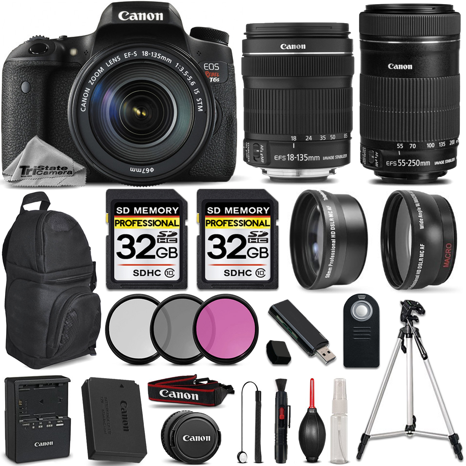 EOS T6s DSLR Camera + 18-135mm IS STM Lens +Canon 55-250 IS STM - PRO KIT *FREE SHIPPING*