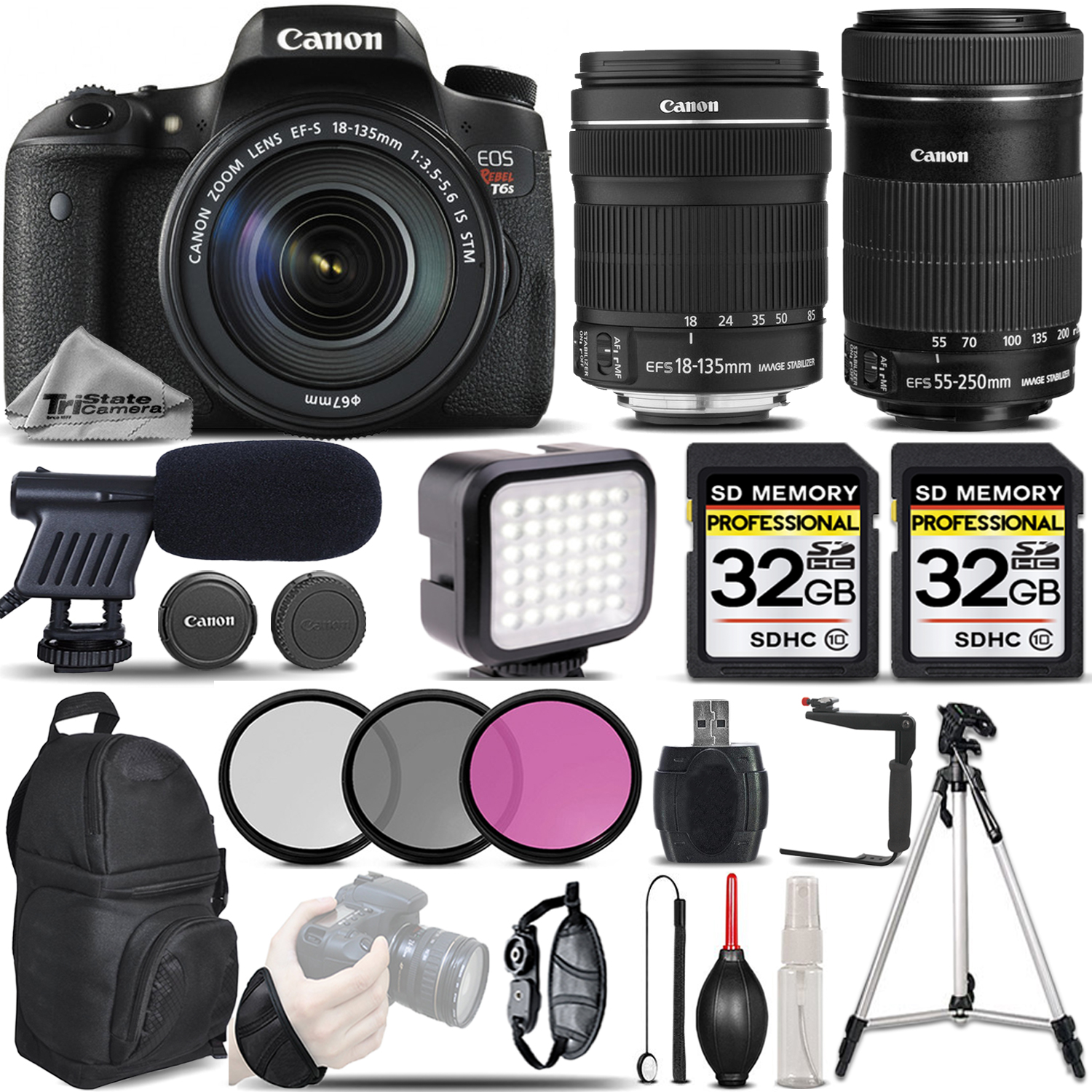 EOS Rebel T6s Camera + 18-135mm Lens Lens + Canon 55-250 IS STM -64GB KIT *FREE SHIPPING*
