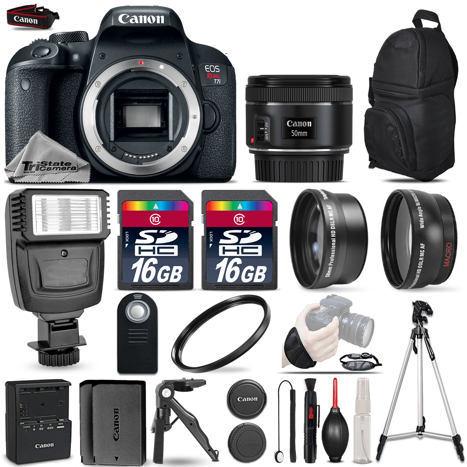 EOS Rebel T7i Camera 800D + 50mm 1.8 -3 Lens Kit + Flash+ 32GB + EXT BATT *FREE SHIPPING*
