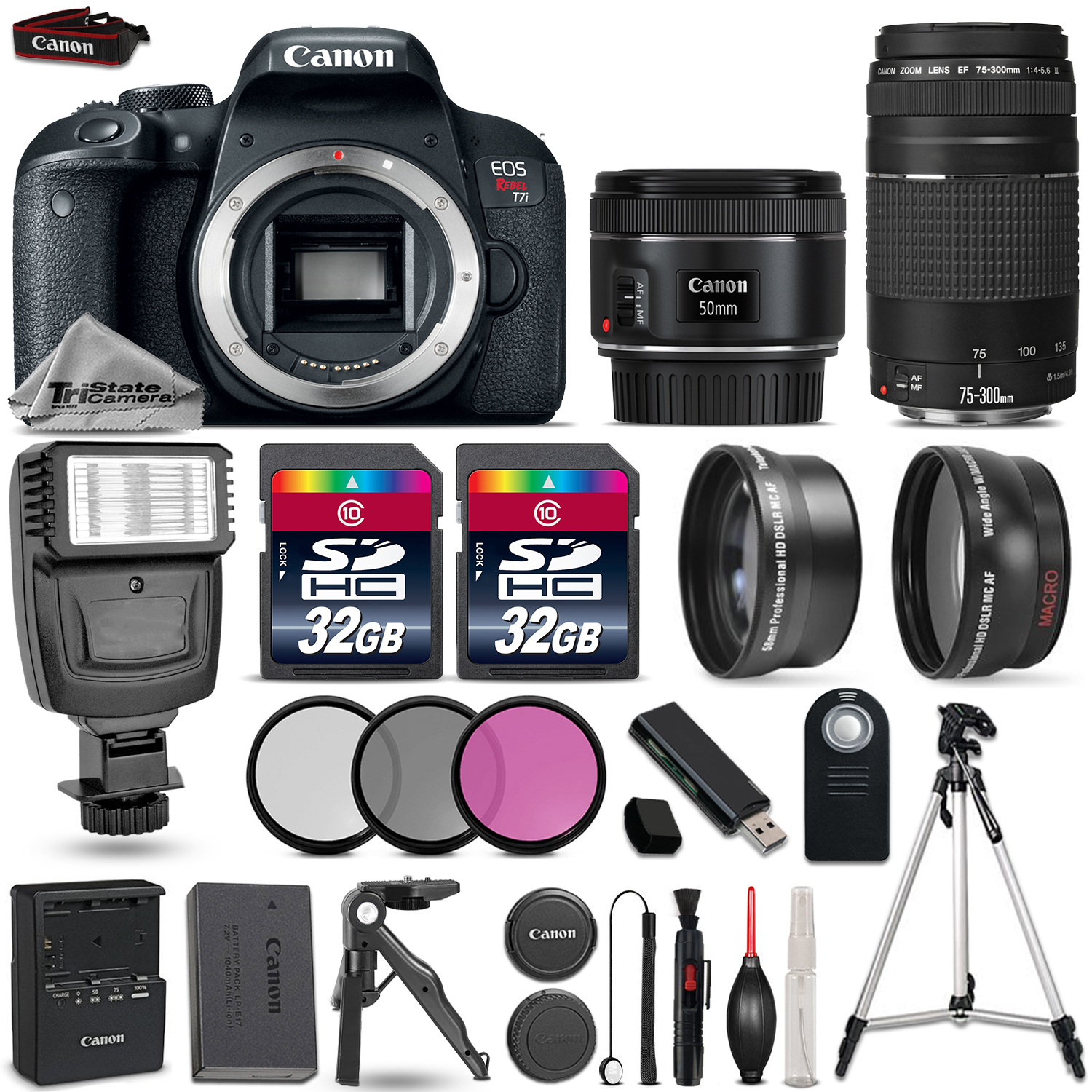 EOS Rebel T7i Camera + 50mm 1.8  Lens + 75-300mm + 64GB + Flash + More! *FREE SHIPPING*