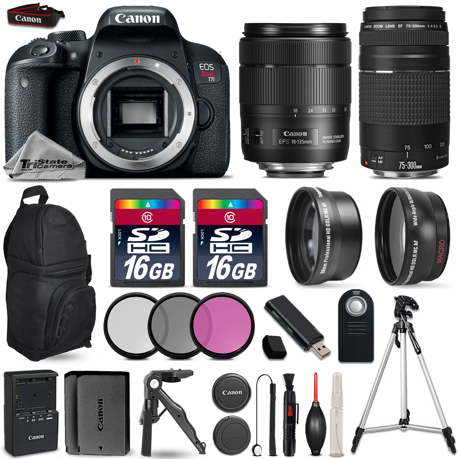 EOS Rebel T7i Camera + 18-135mm USM + 75-300mm + EXT BAT + Backpack + 32GB *FREE SHIPPING*