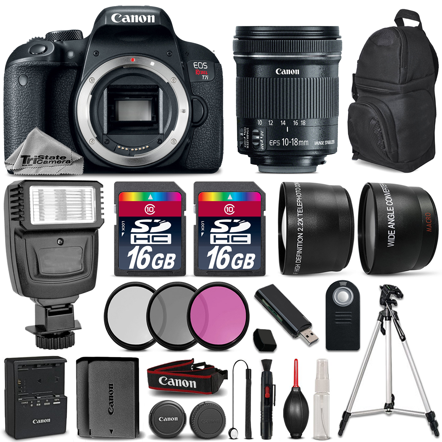 EOS Rebel T7i Camera 1894C001 + 10-18mm STM + Flash + EXT BATT - 32GB Kit *FREE SHIPPING*