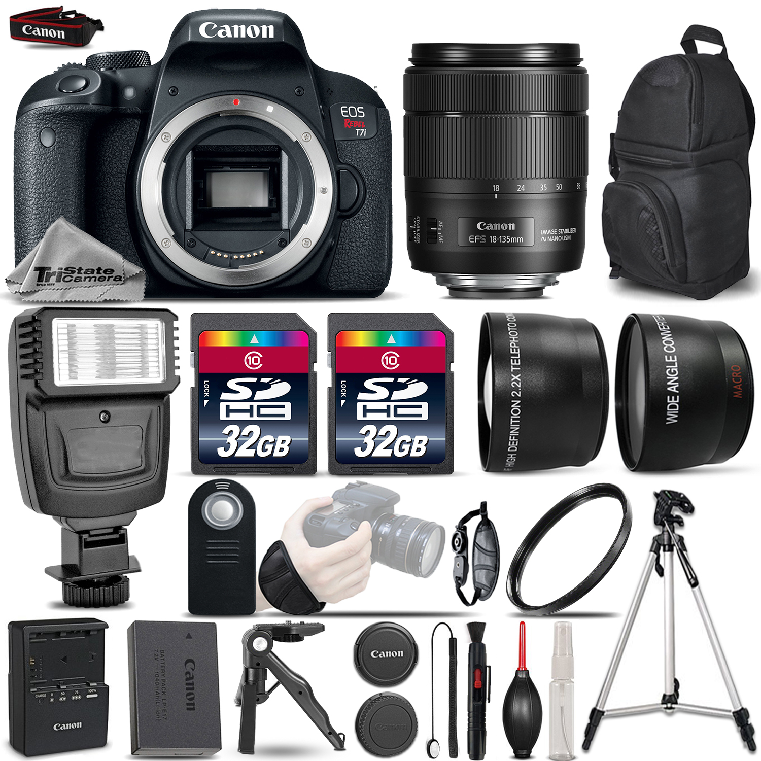 EOS Rebel T7i DSLR Camera + 18-135mm IS - 3 Lens Kit + Flash + 64GB Bundle *FREE SHIPPING*