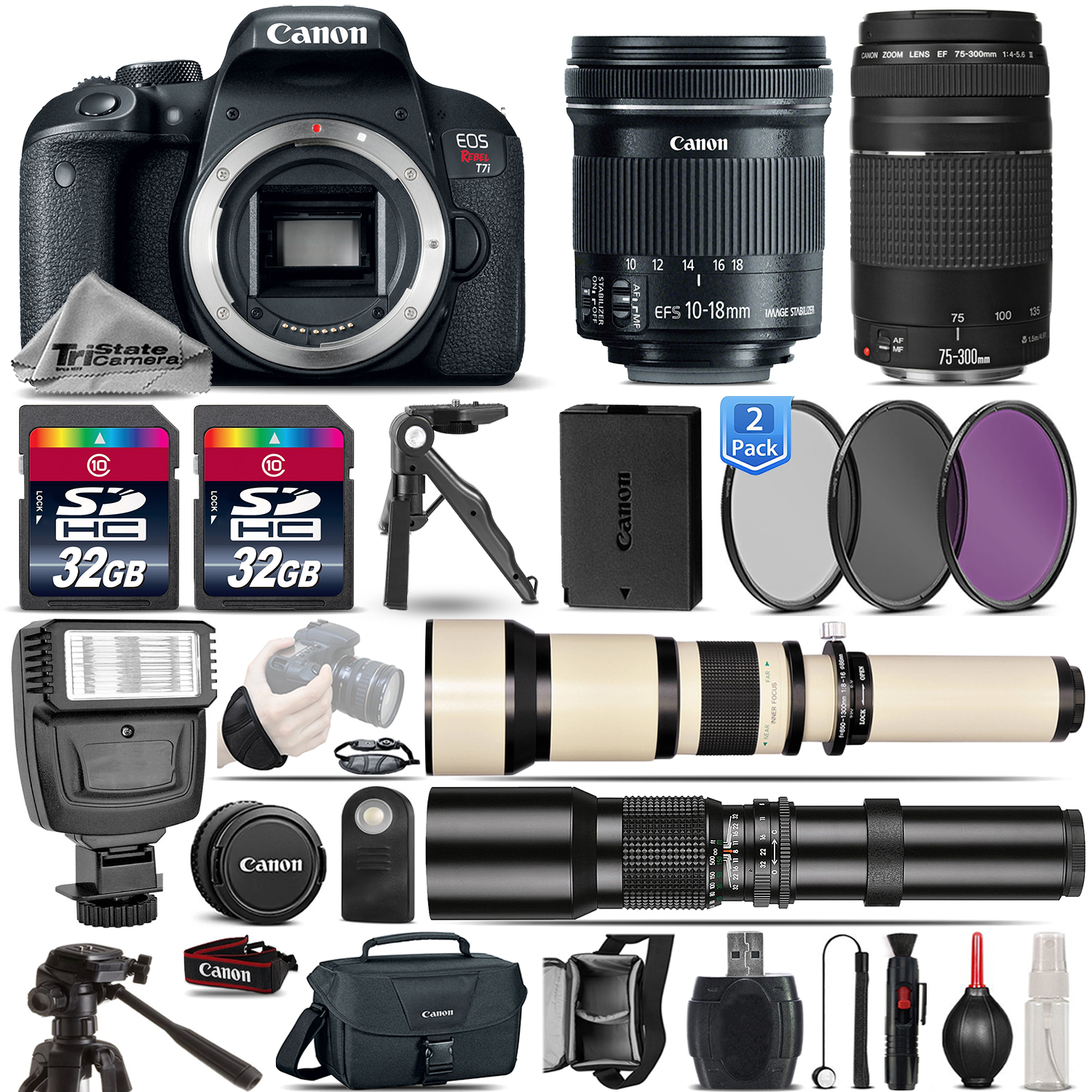 EOS Rebel T7i DSLR Camera + 10-18mm IS STM + 75-300mm Lens - 64GB Bundle *FREE SHIPPING*