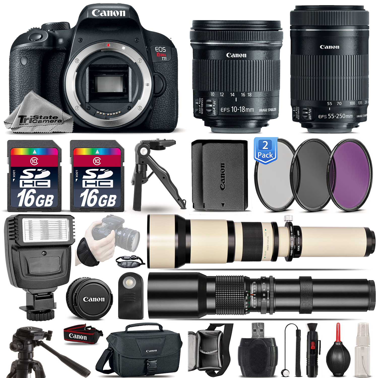 EOS Rebel T7i Camera + 10-18mm IS STM + 55-250mm STM + EXT BATT - 32GB Kit *FREE SHIPPING*