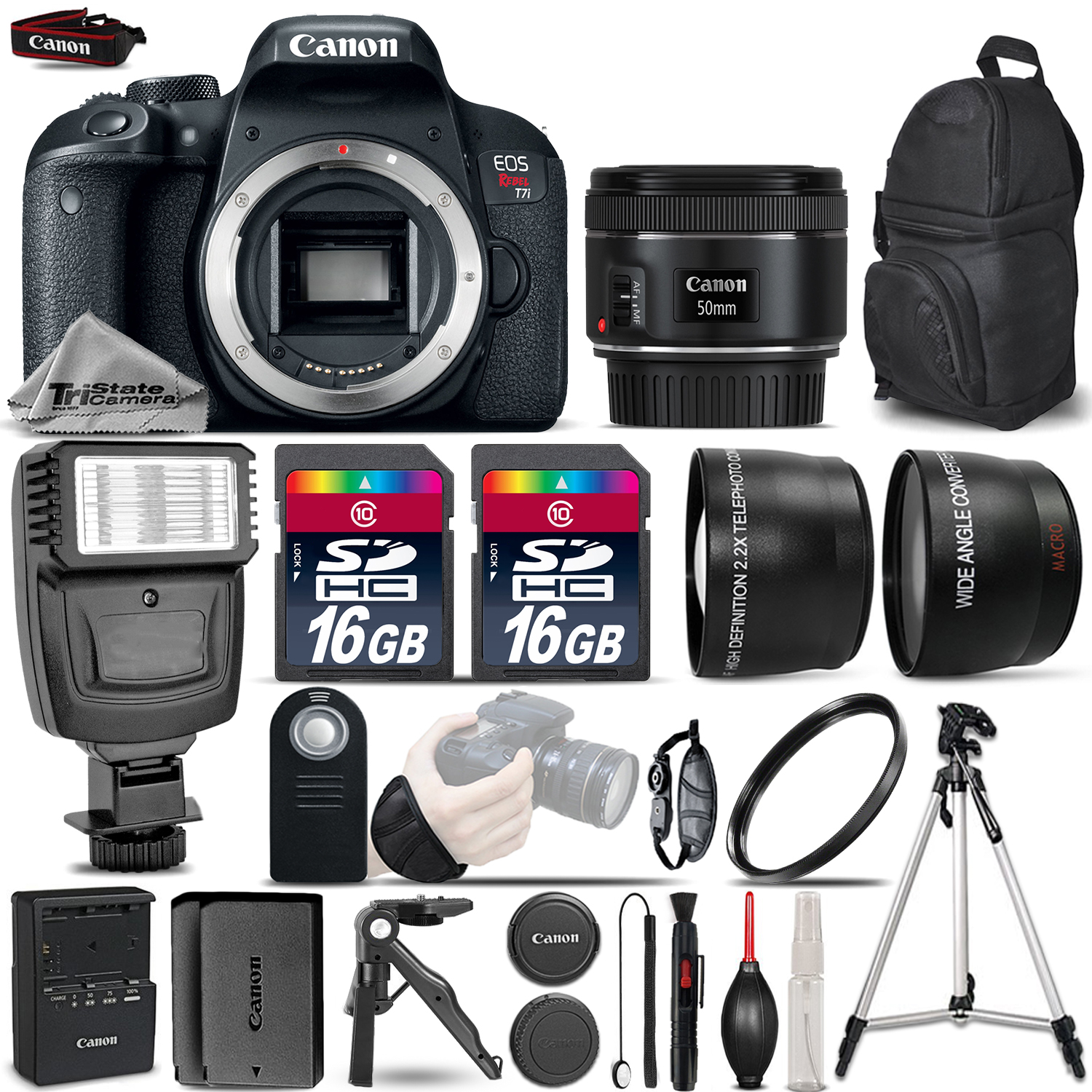 EOS Rebel T7i SLR Camera 800D + 50mm 1.8 STM-3 Lens Kit + Flash + EXT BAT *FREE SHIPPING*