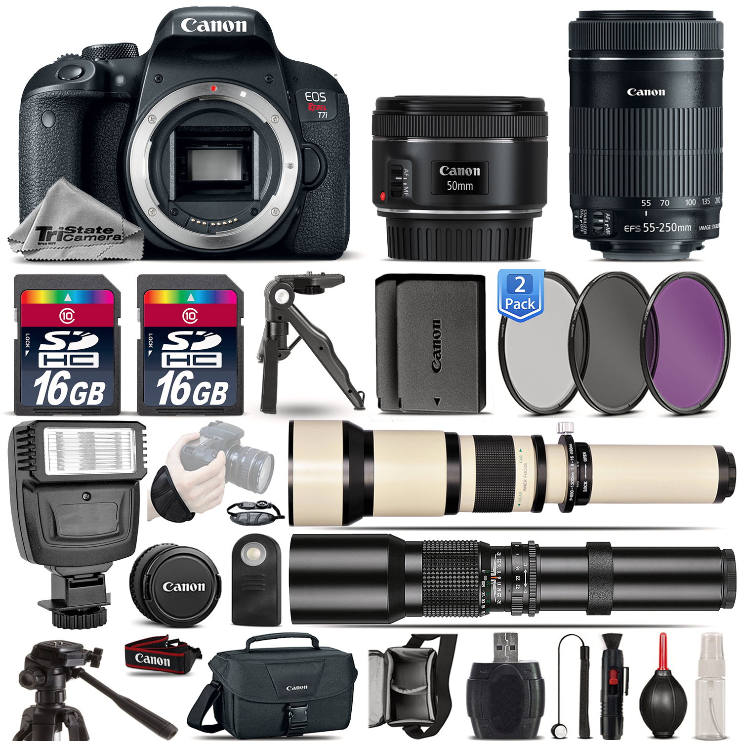 EOS Rebel T7i Camera 800D + 50mm 1.8 + 55-250mm STM + EXT BATT - 32GB Kit *FREE SHIPPING*