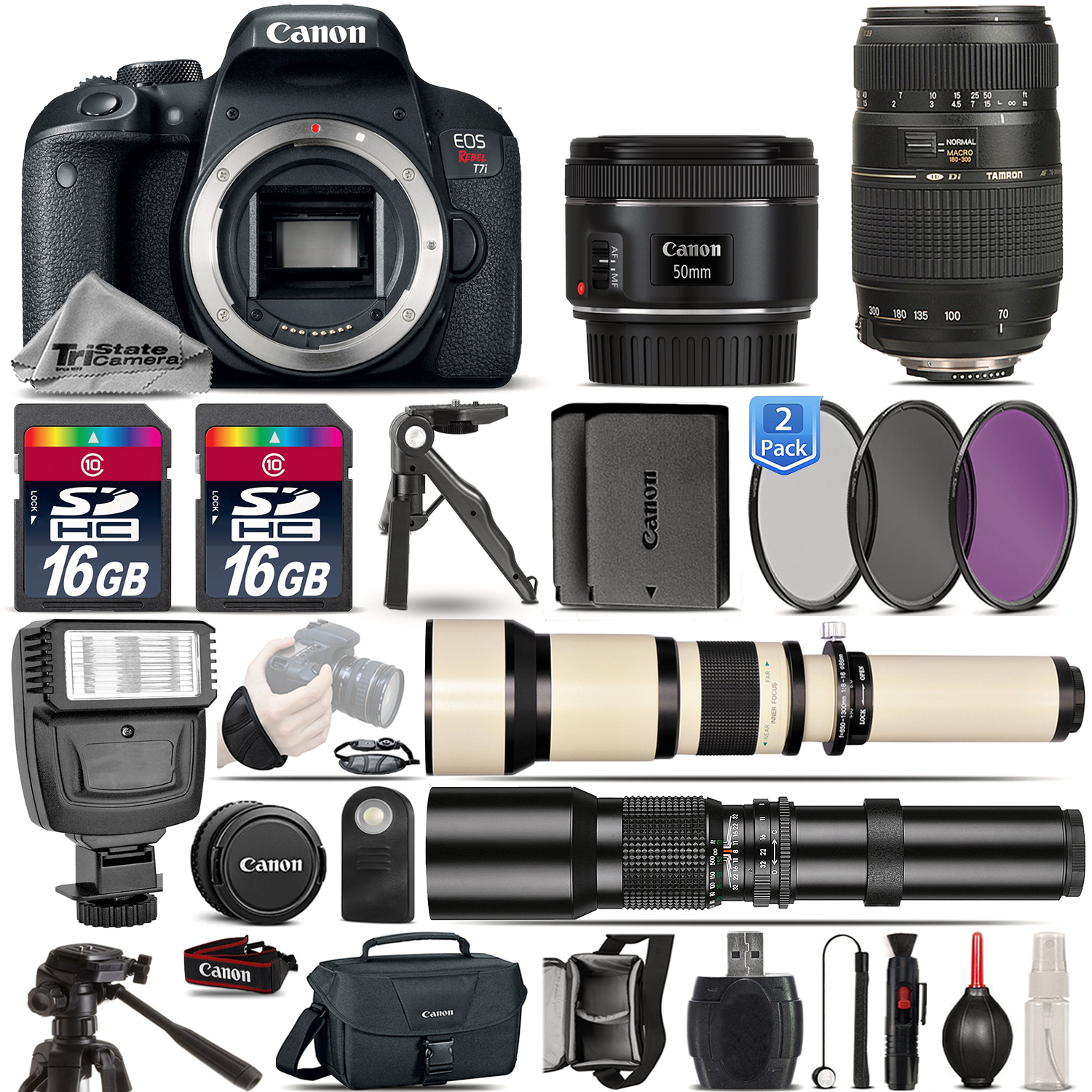 EOS Rebel T7i SLR Camera 800D + 50mm 1.8 + 70-300mm + EXT BATT - 32GB Kit *FREE SHIPPING*