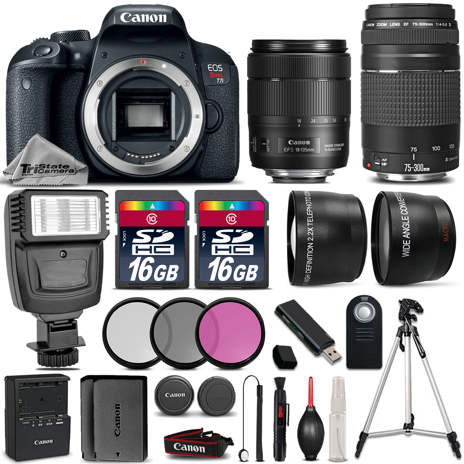 EOS Rebel T7i Camera + 18-135mm USM + 75-300mm III + 32GB + Flash +EXT BAT *FREE SHIPPING*