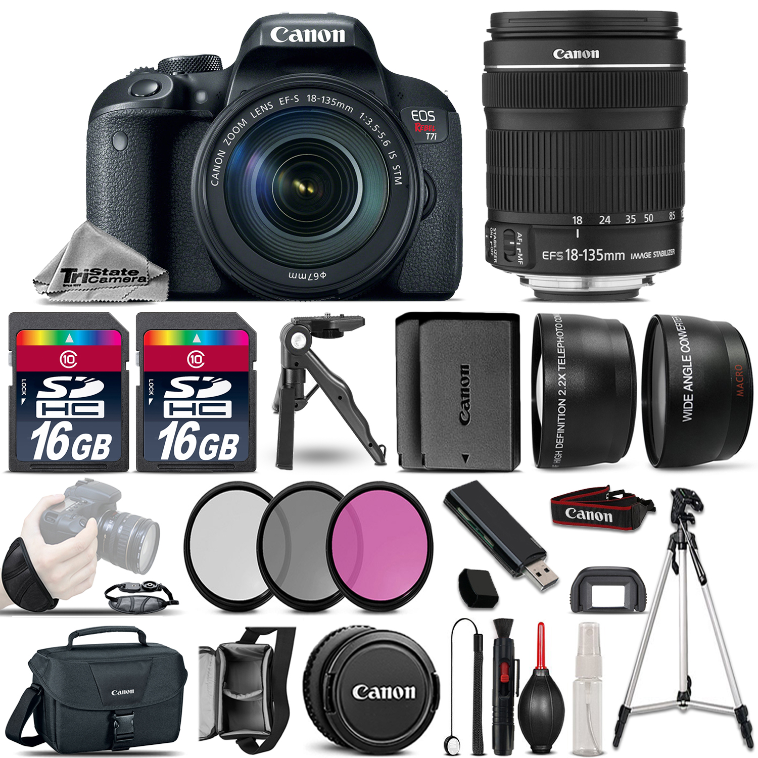 EOS Rebel T7i DSLR Camera 1894C003 + 18-135mm - 3 Lens Kit + 32GB & More! *FREE SHIPPING*