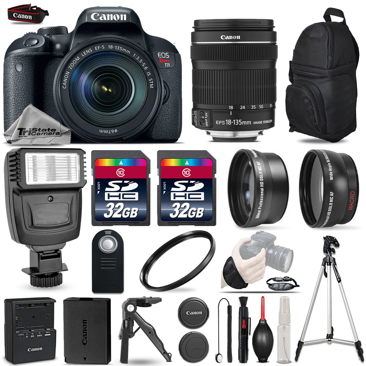 EOS Rebel T7i DSLR Camera + 18-135mm STM + Flash + 64GB - 3 Lens Kit *FREE SHIPPING*