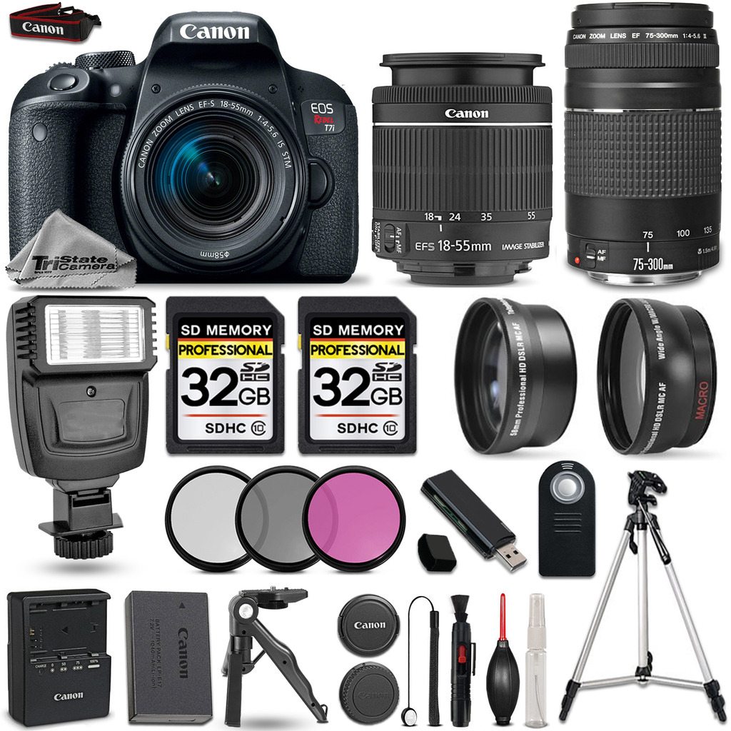 EOS Rebel T7i Camera + 18-55mm IS Lens + 75-300mm + 64GB + Flash + More! *FREE SHIPPING*