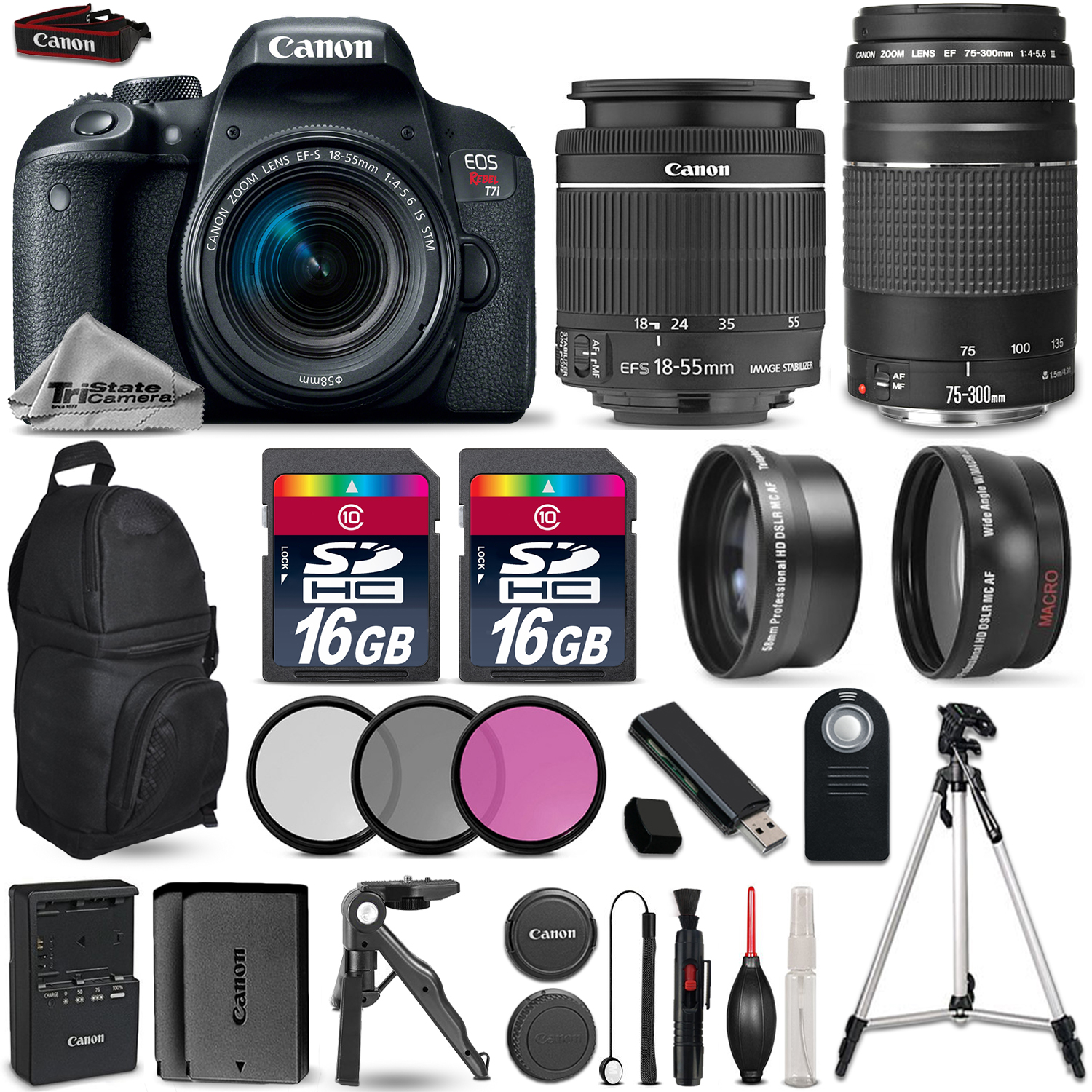 EOS Rebel T7i Camera + 18-55mm STM + 75-300mm + EXT BAT + Backpack + 32GB *FREE SHIPPING*