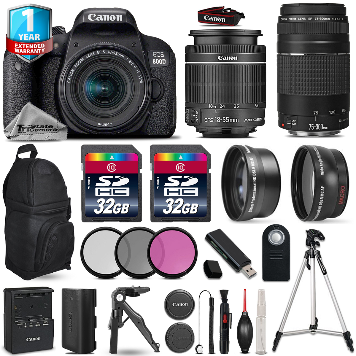 EOS Rebel 800D T7i Camera + 18-55mm STM + 75-300mm + Filter Kit + 1yr Warranty *FREE SHIPPING*