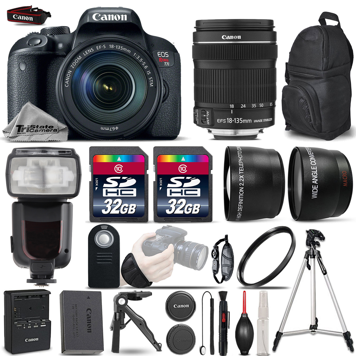 EOS Rebel T7i DSLR Camera + 18-135mm STM -3 Lens Kit + Flash + 64GB Bundle *FREE SHIPPING*