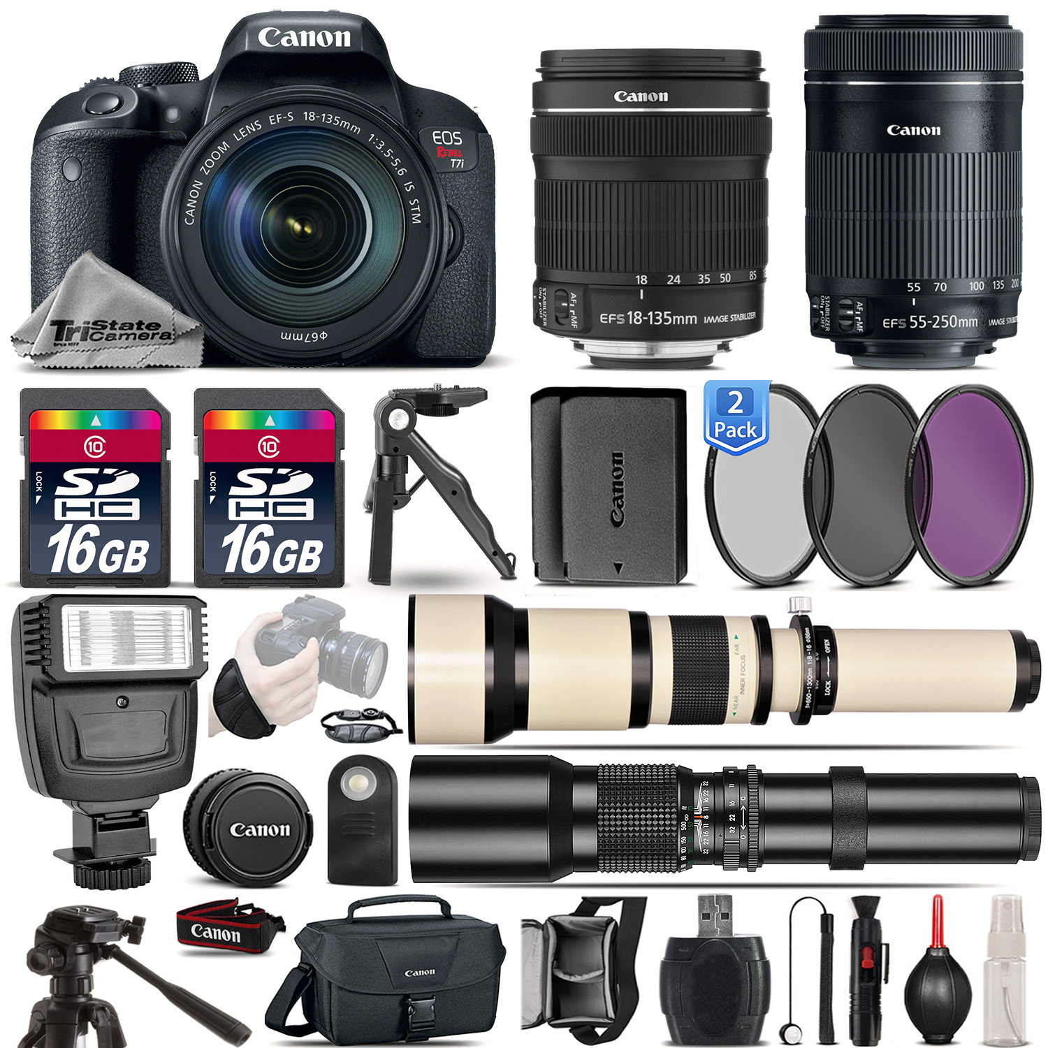 EOS Rebel T7i Camera + 18-135mm STM + 55-250mm STM + EXT BATT - 32GB Kit *FREE SHIPPING*