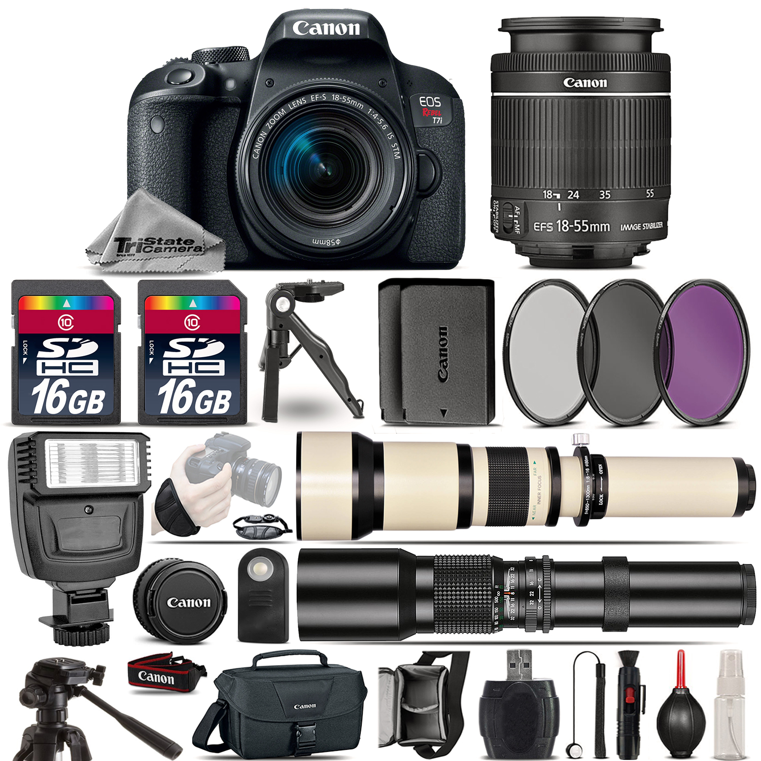 EOS Rebel T7i Camera + 18-55mm IS + 650-1300mm +500mm + EXT BATT -32GB Kit *FREE SHIPPING*