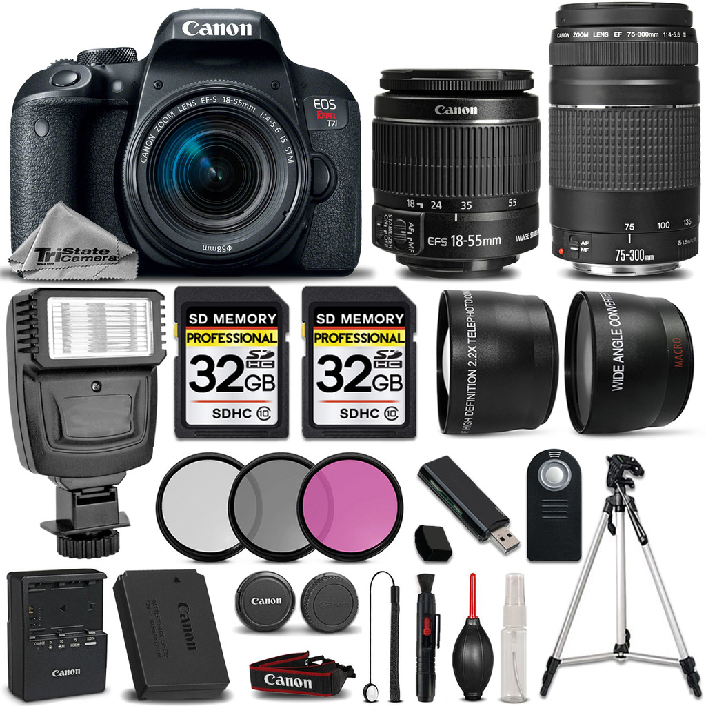 EOS Rebel T7i 800D Camera + 18-55mm IS STM Lens + 75-300mm + 64GB + Flash *FREE SHIPPING*