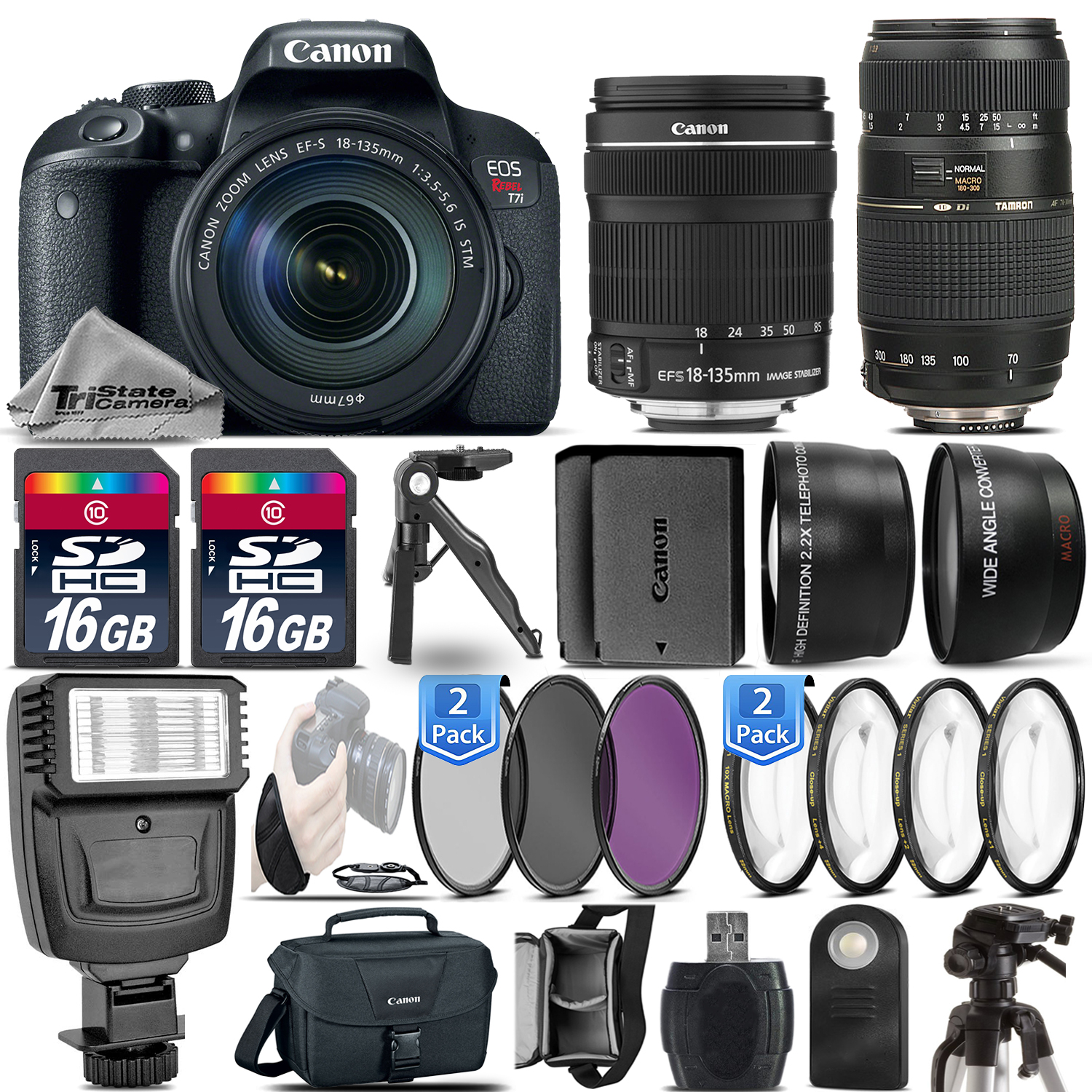 EOS Rebel T7i Camera + 18-135mm IS STM + 70-300mm +Extra Battery -32GB Kit *FREE SHIPPING*