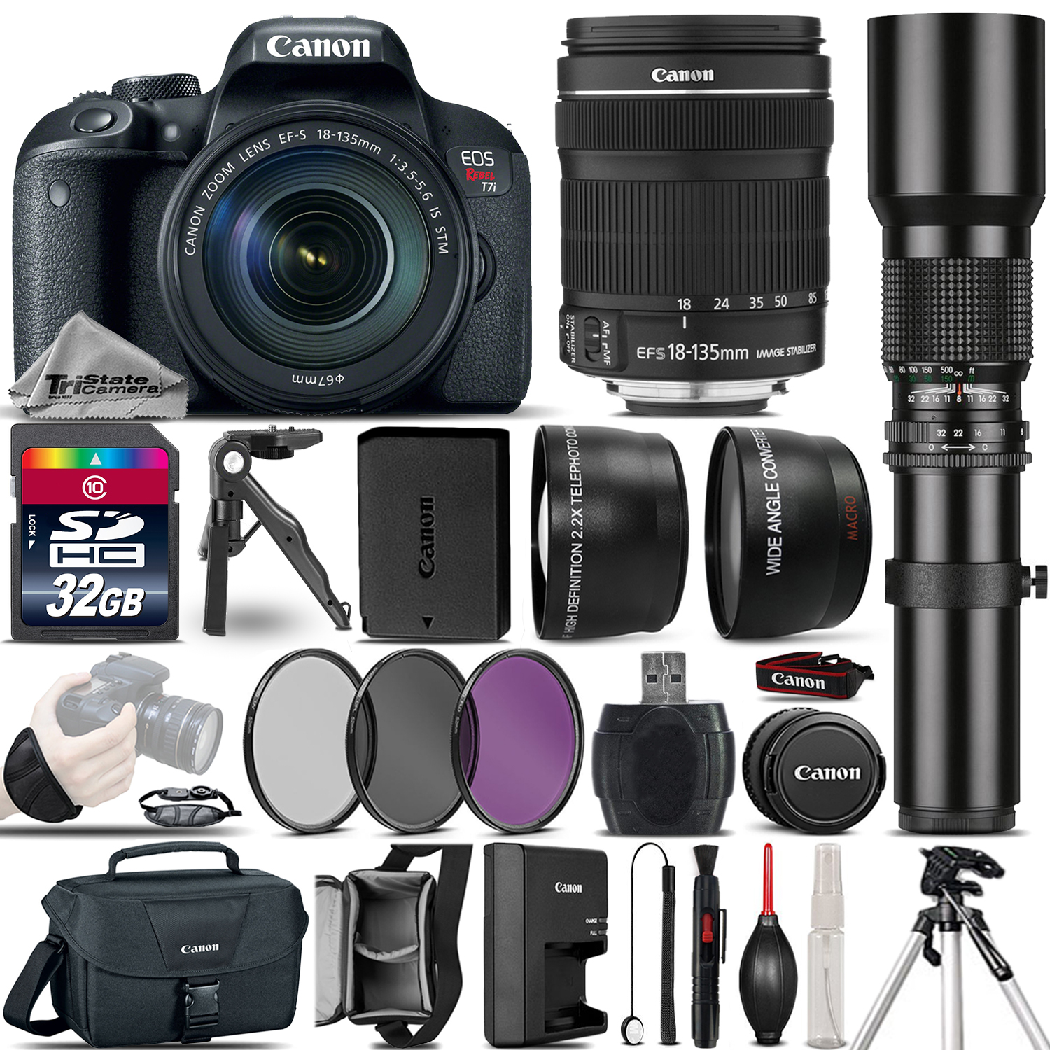EOS Rebel T7i DSLR Camera + 18-135mm STM + 500mm 4 Lens Kit - 32GB Kit *FREE SHIPPING*
