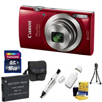 PowerShot Elph 180 Digital Camera - Red - 16GB Memory Card, Lens Cleaning Kit, Camera Case, Pen LCD Screen Cleaner, Table-Top Tripod, Replacement Battery, Card Reader - Deluxe Kit *FREE SHIPPING*