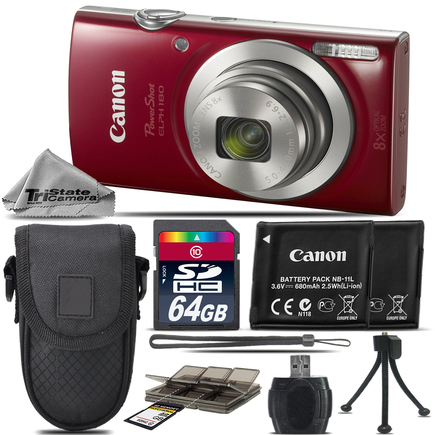 PowerShot ELPH 180 Digital Camera (Red) 1096C001 8X Optical Zoom -64GB Kit *FREE SHIPPING*