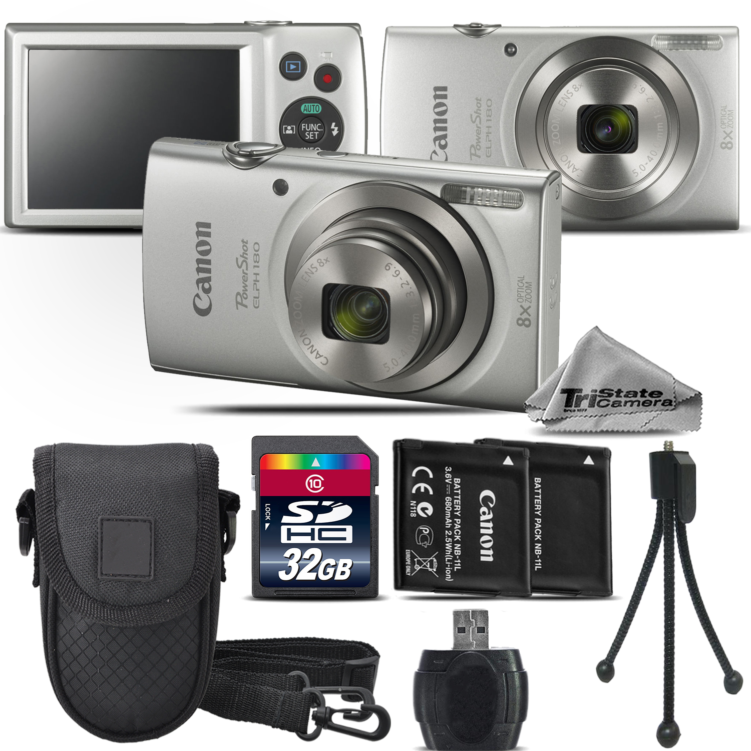 PowerShot ELPH 180 Digital Camera Silver 8x Optical Zoom - 32GB Kit Bundle *FREE SHIPPING*