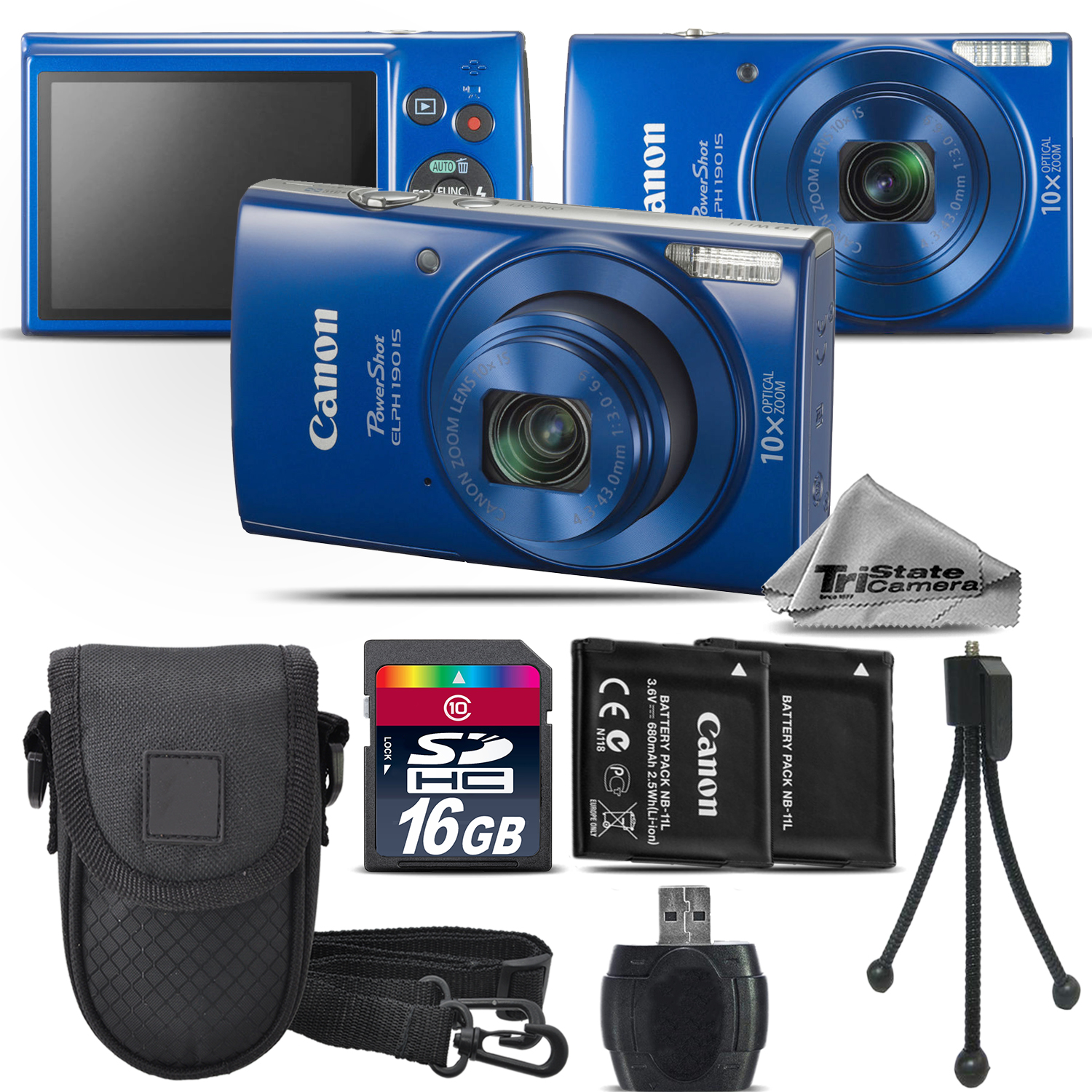 PowerShot ELPH 190 Digital Camera Blue 1090C001 10X Optical Zoom -16GB Kit - Blue *FREE SHIPPING*