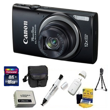 PowerShot Elph 340 HS Digital Camera - Black - with 16GB Memory Card, Lens Cleaning Kit, Camera Case, Pen LCD Screen Cleaner, Table-Top Tripod, Replacement Battery, Card Reader - Deluxe Kit *FREE SHIPPING*