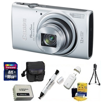 PowerShot Elph 340 HS Digital Camera - Silver - with 16GB Memory Card, Lens Cleaning Kit, Camera Case, Pen LCD Screen Cleaner, Table-Top Tripod, Replacement Battery, Card Reader - Deluxe Kit *FREE SHIPPING*