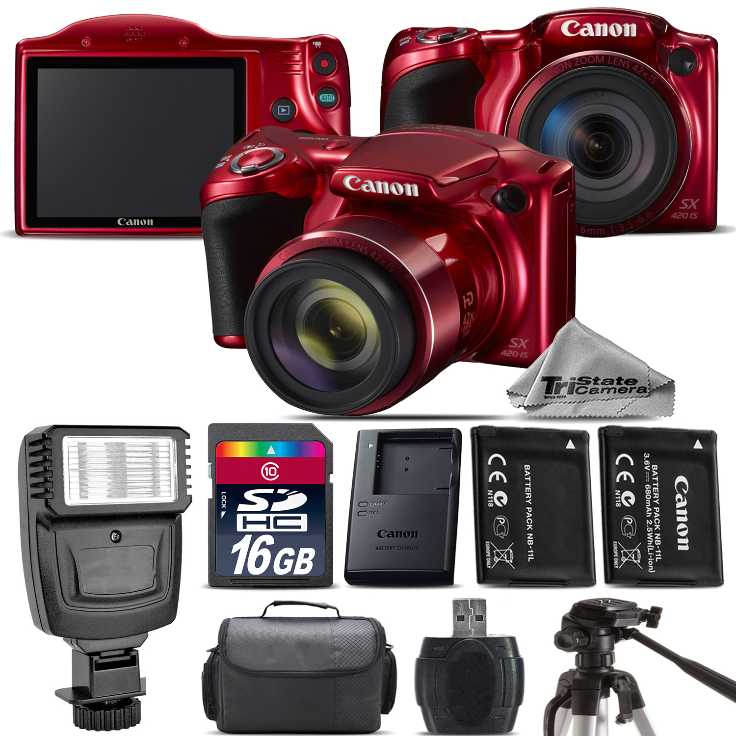 PowerShot SX420 IS Digital 42x Camera RED + EXT BAT + Flash - 16GB Kit *FREE SHIPPING*