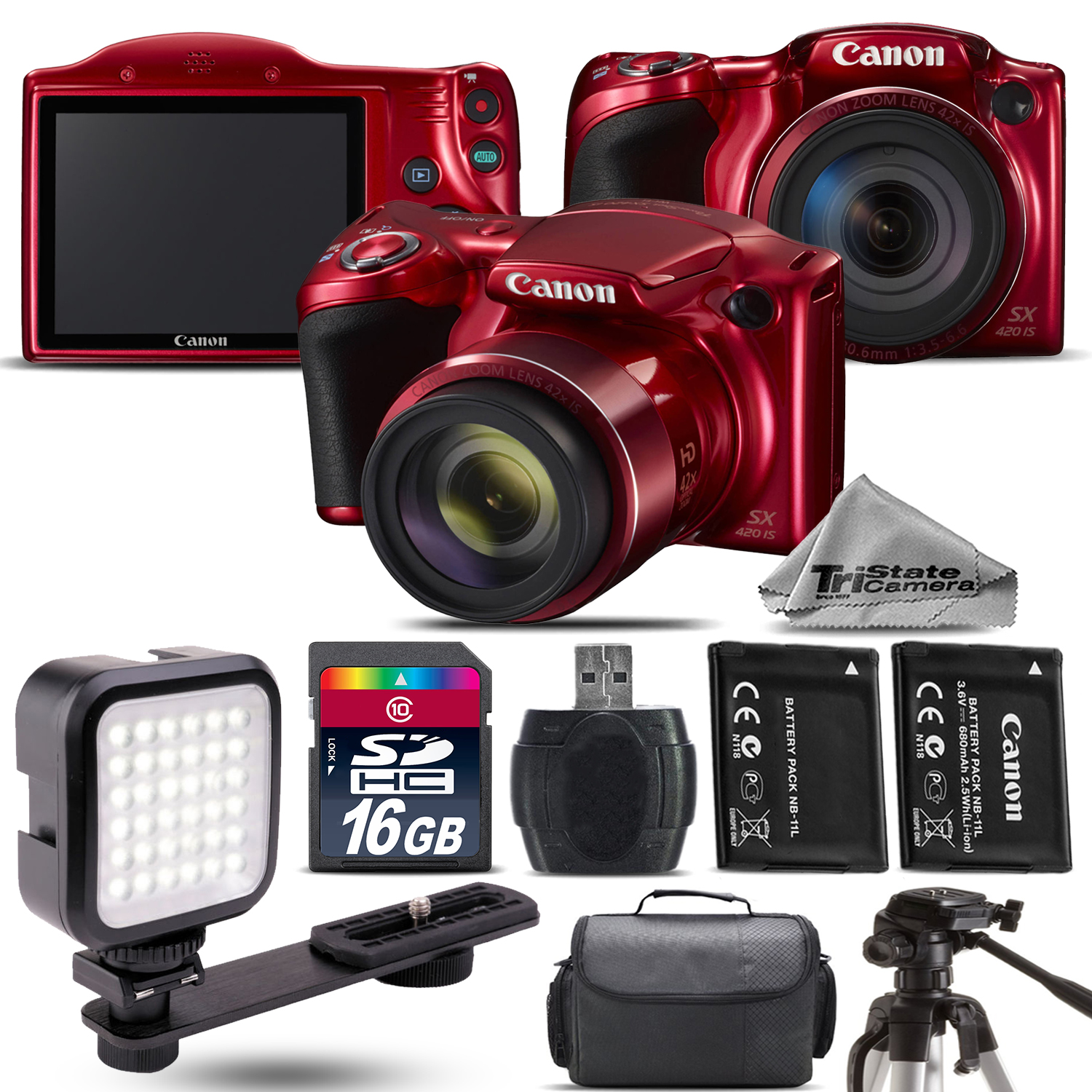 PowerShot SX420 IS Digital 42x WiFi Camera RED + EXT BAT + LED - 16GB Kit *FREE SHIPPING*