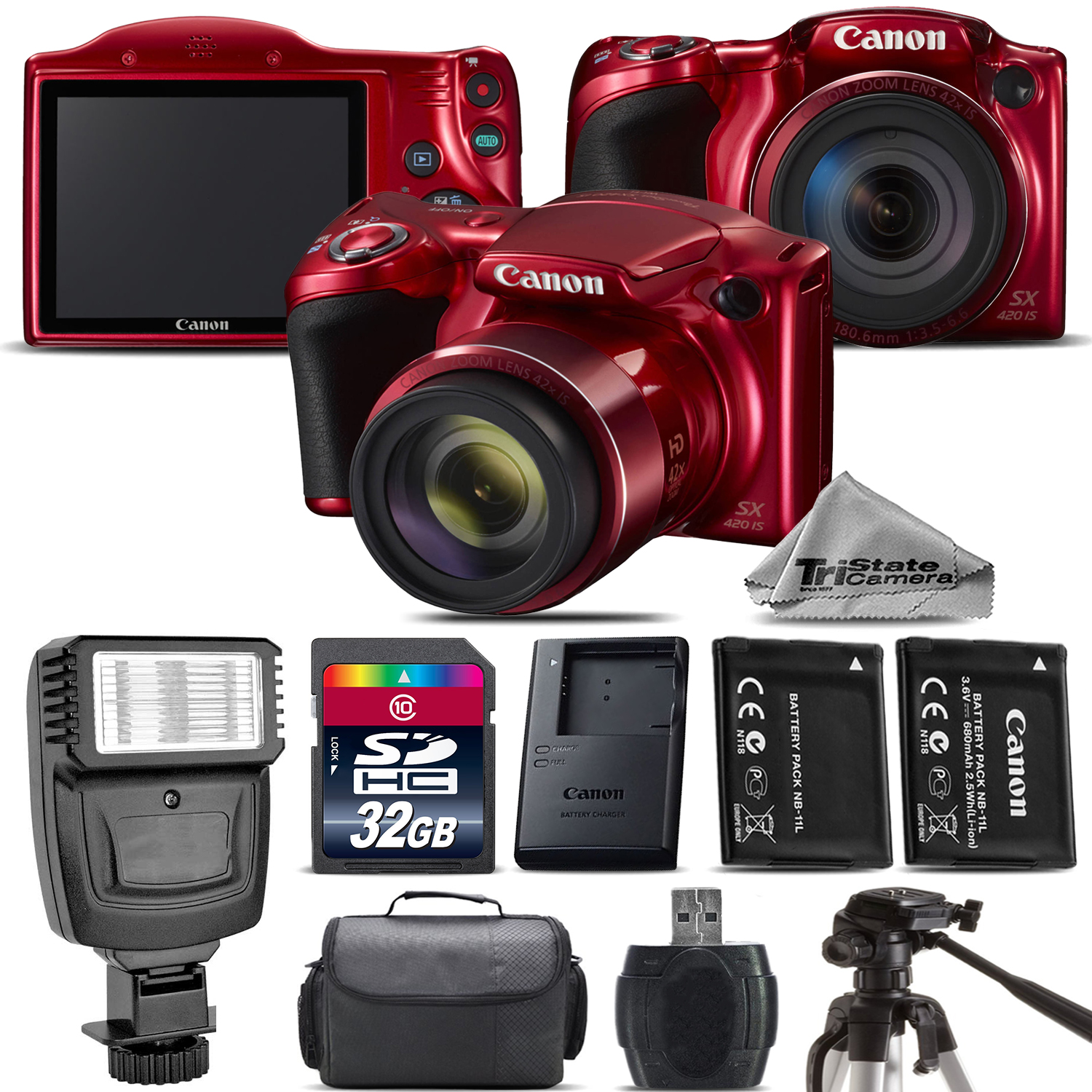 PowerShot SX420 IS Digital 42x RED Camera + EXT BAT + Flash - 32GB Kit *FREE SHIPPING*