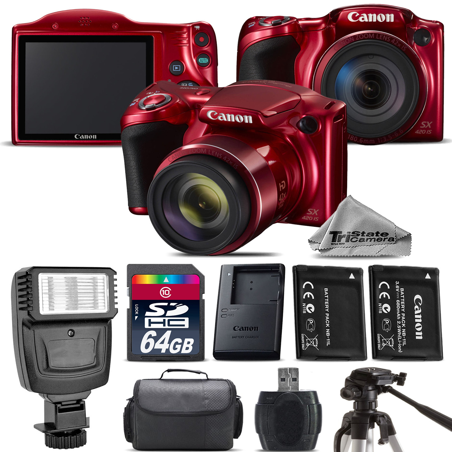PowerShot SX420 IS Digital 42x Camera RED + EXT BAT + Flash - 64GB Kit *FREE SHIPPING*