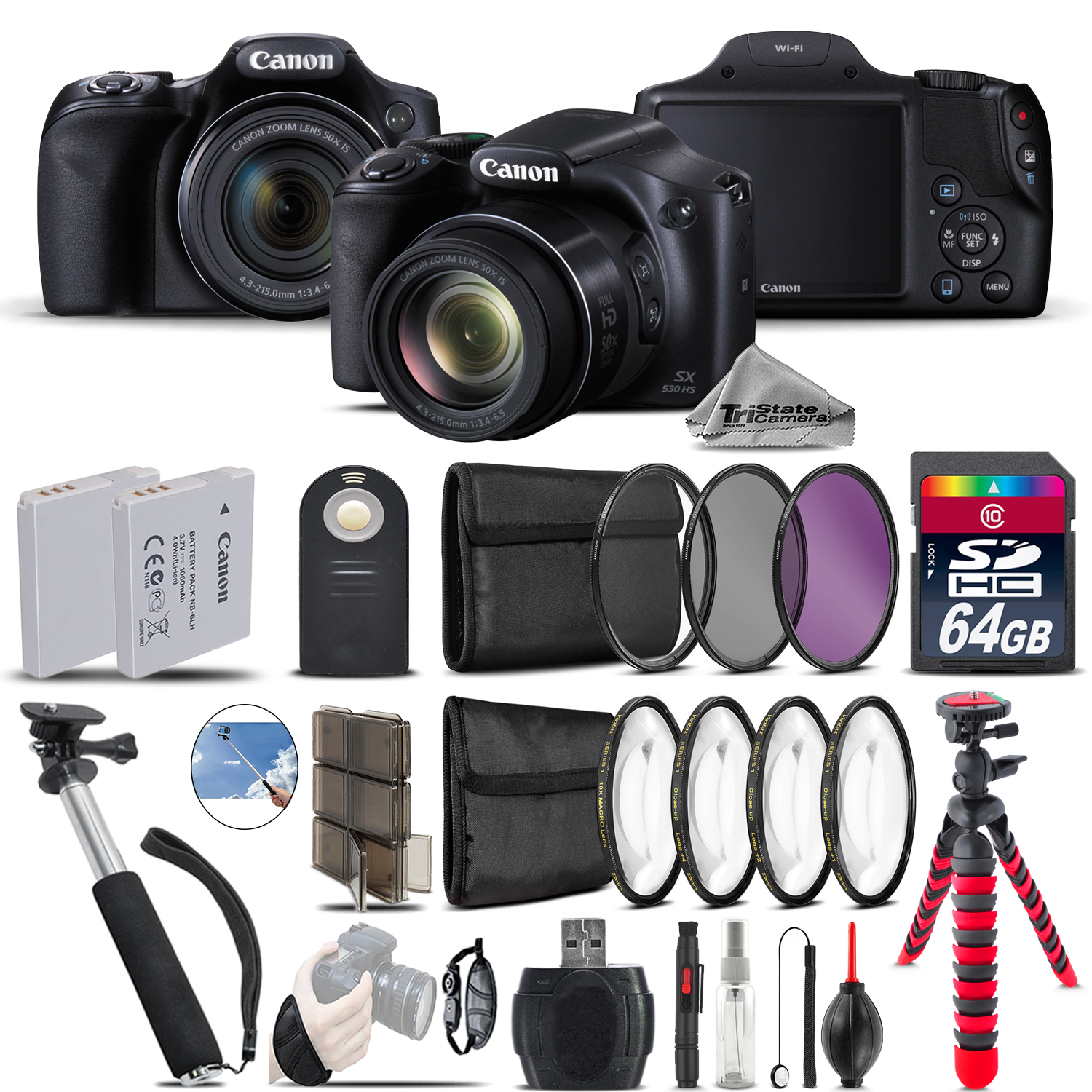 PowerShot SX530 HS Camera + Spider Tripod + Monopod + EXT BAT - 64GB Kit *FREE SHIPPING*