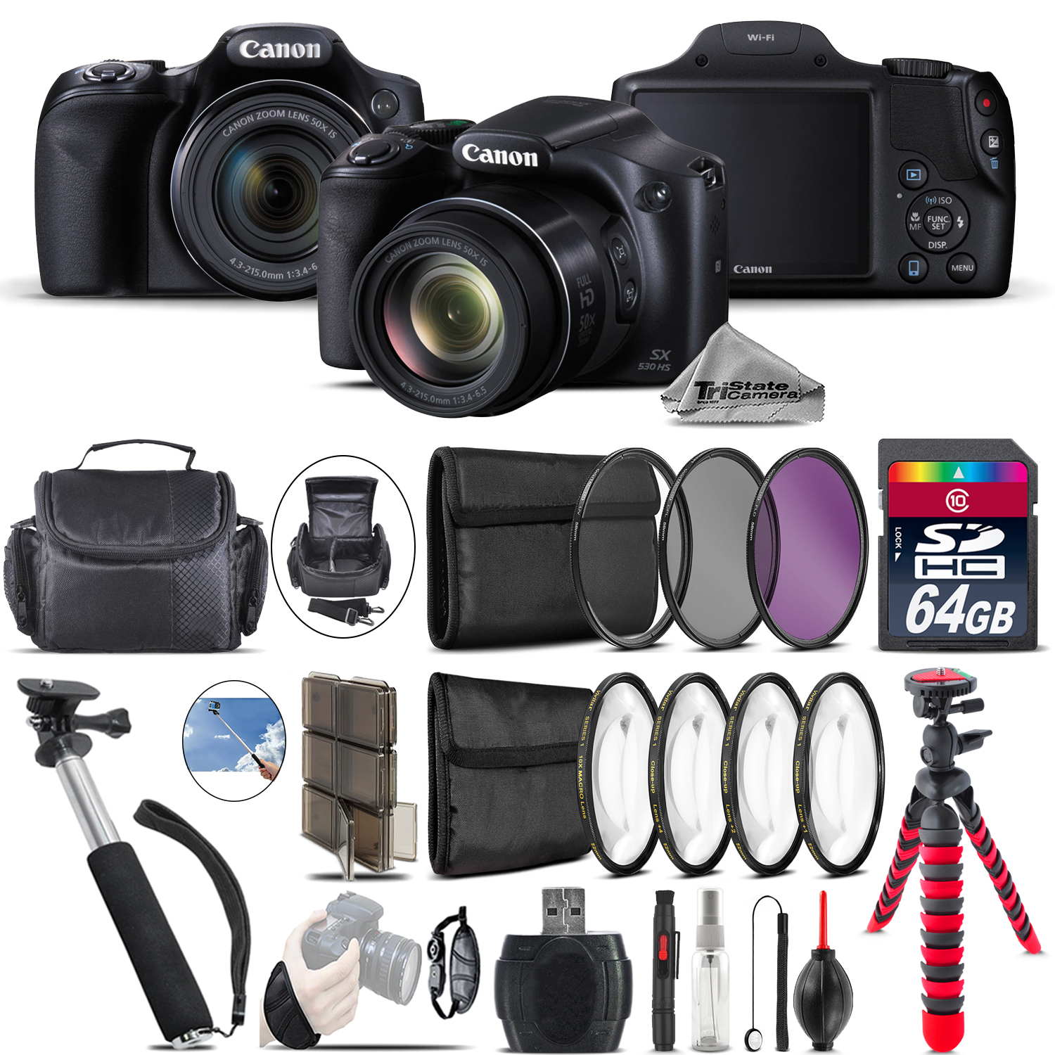 PowerShot SX530 HS Camera + Spider Tripod + Monopod + Case - 64GB Bundle *FREE SHIPPING*