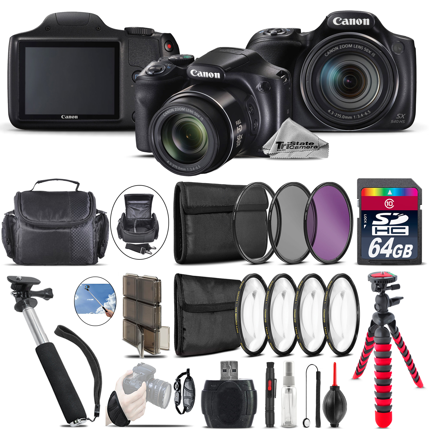 PowerShot SX540 HS Camera + Spider Tripod + Monopod + Case - 64GB Bundle *FREE SHIPPING*